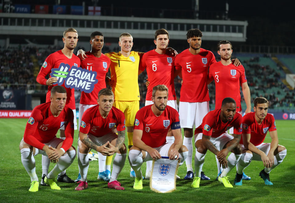 SOFIA, BULGARIA - OCTOBER 14: England line up prior to the UEFA Euro 2020 qualifier between Bulgaria and England on October 14, 2019 in Sofia, Bulgaria. (Photo by Catherine Ivill/Getty Images)