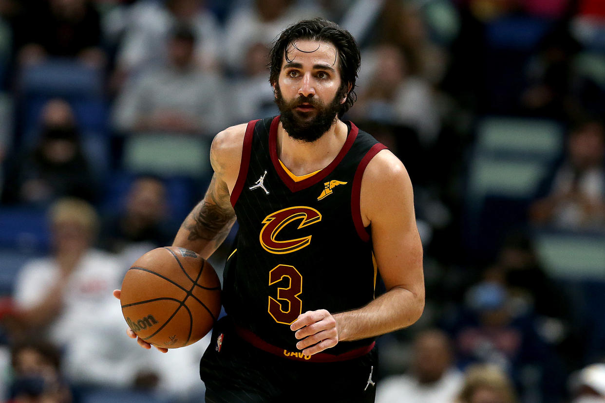 Ricky Rubio of the Cleveland Cavaliers looks on during the third quarter of a NBA game against the New Orleans Pelicans at Smoothie King Center on December 28, 2021 in New Orleans, Louisiana.