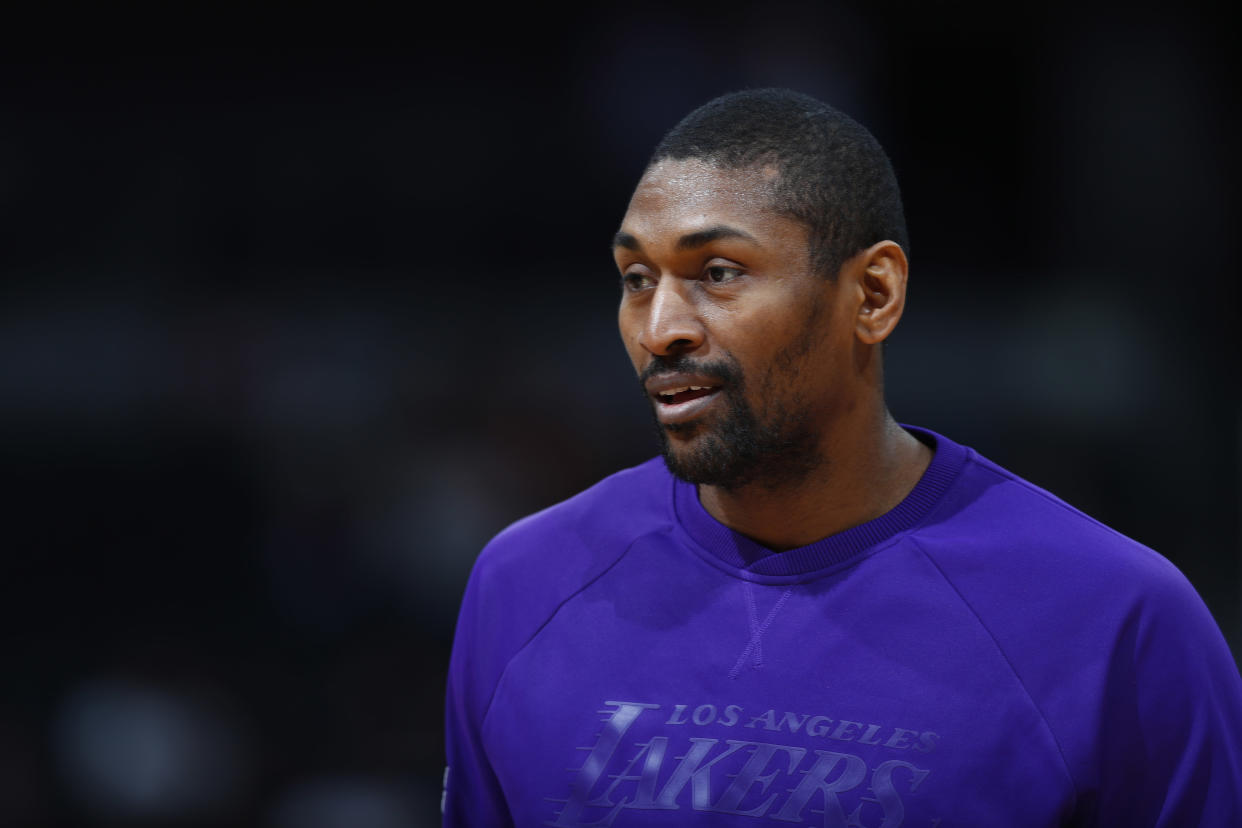 Los Angeles Lakers forward Metta World Peace (37) in the first half of an NBA basketball game Monday, March 13, 2017, in Denver. (AP Photo/David Zalubowski)