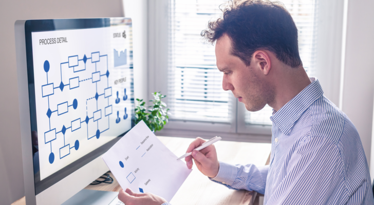 Businessman or engineer working on business process automation or algorithm with flowchart on computer screen