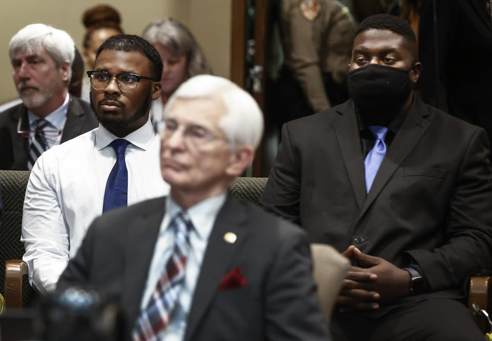 Former Memphis Police Officers Justin Smith, back left, and Emmitt Martin III, back right, appear in Judge James Jones' courtroom on Monday Nov. 6, 2023. The judge has set an August trial date for four former Memphis police officers charged in the fatal beating of Tyre Nichols after a traffic stop in January. (Mark Weber/Daily Memphian via AP)