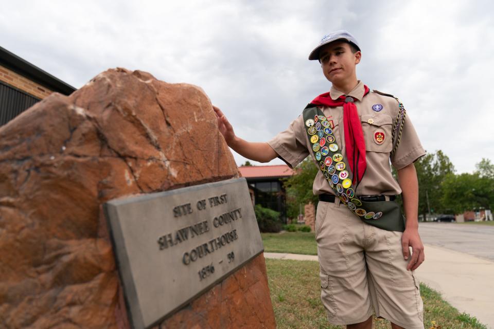 A boulder in front of Tecumseh North Elementary School features a plaque that states the site was the first Shawnee County Courthouse from 1856-1859. Shawnee Heights freshman Carter Vincent used the site last for his historical walking tour Eagle Scout project.
