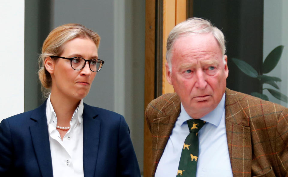Alice Weidel (L) and Alexander Gauland of the anti-immigration party Alternative for Germany (AFD) react before they address a news conference in Berlin, Germany August 21, 2017.&nbsp; (Photo: Fabrizio Bensch / Reuters)