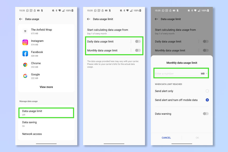 How to set a data usage limit on Android