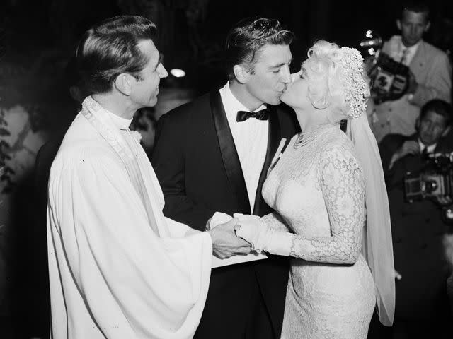 <p>USC Libraries/Corbis/Getty</p> Jayne Mansfield and Mickey Hargitay on their wedding day in January 1958