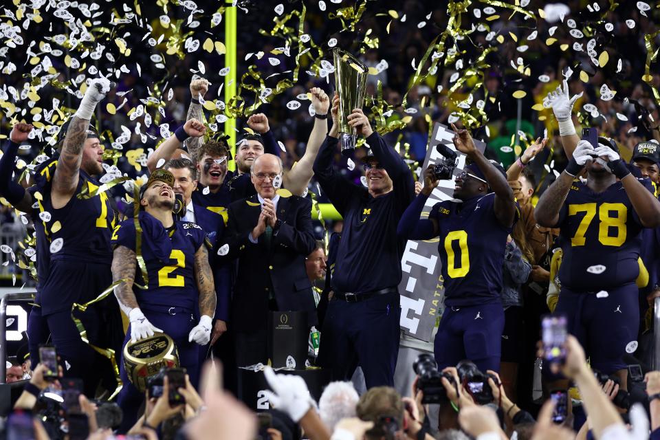 The Michigan Wolverines after defeating the Washington Huskies in the 2024 CFP National Championship on January 8, 2024 in Houston, Texas.