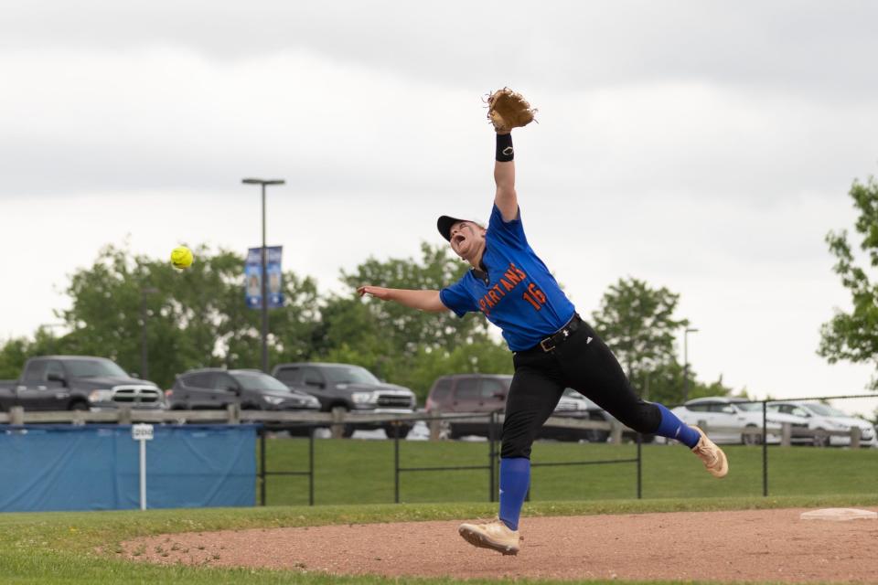 Seward's Katie Mulhare dives for the ball in the Section 9 Class C Softball Championships in Middletown, NY on May 27, 2022. ALLYSE PULLIAM/For the Times Herald-Record