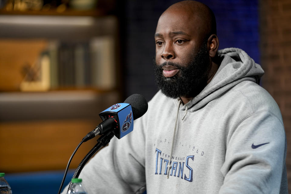 Tennessee Titans general manager Ran Carthon responds to questions from reporters at the NFL football team's training facility Tuesday, April 2, 2024, in Nashville, Tenn. (AP Photo/George Walker IV)