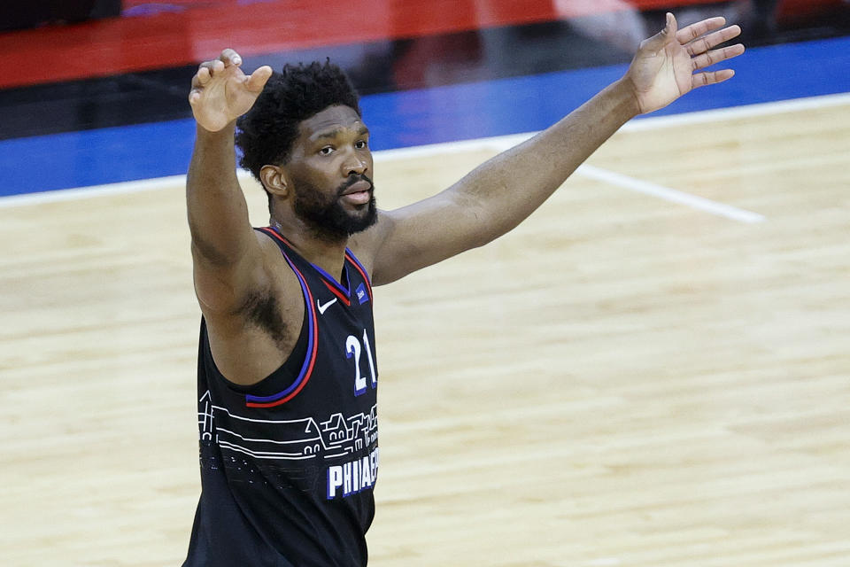 PHILADELPHIA, PENNSYLVANIA - MAY 26: Joel Embiid #21 of the Philadelphia 76ers celebrates during the third quarter against the Washington Wizards during Game Two of the Eastern Conference first round series at Wells Fargo Center on May 26, 2021 in Philadelphia, Pennsylvania. NOTE TO USER: User expressly acknowledges and agrees that, by downloading and or using this photograph, User is consenting to the terms and conditions of the Getty Images License Agreement.  (Photo by Tim Nwachukwu/Getty Images)