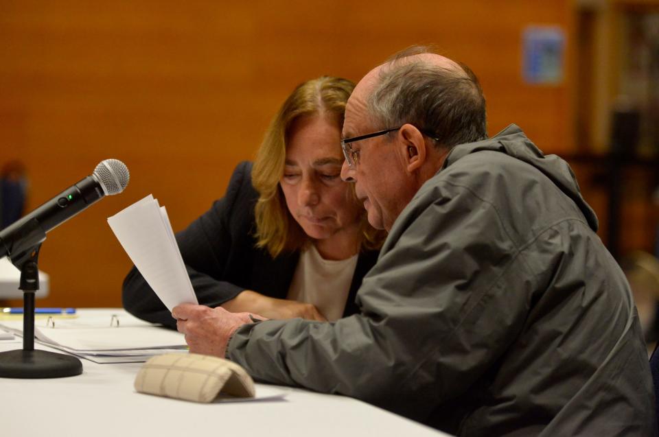 Gonzlo Castro, right, talks with his attorney Donna Brewer of Harrington Heep at the start of his hearing before the Truro Board of Registrars. The Truro Board of Registrars held the first night of hearings of voter registration challenges at the Truro Community Center Monday. Raphael Richter filed 66 complaints related to voter residency in the town of Truro.