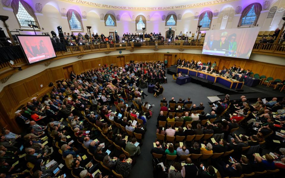 General Synod delegates attend a debate on gay marriage at The Church House in London - Getty Images Europe