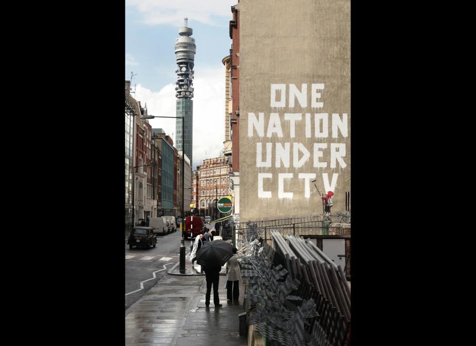 A work of art believed to be by British artist Banksy is pictured in Central London, on April 14, 2008. AFP PHOTO/Shaun Curry (Photo credit should read SHAUN CURRY/AFP/Getty Images)