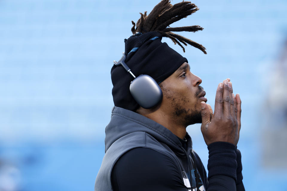 Cam Newton #1 of the Carolina Panthers warms up before the game against the Atlanta Falcons at Bank of America Stadium on Dec.12, 2021 in Charlotte, N.C. - Credit: Grant Halverson/Getty Images