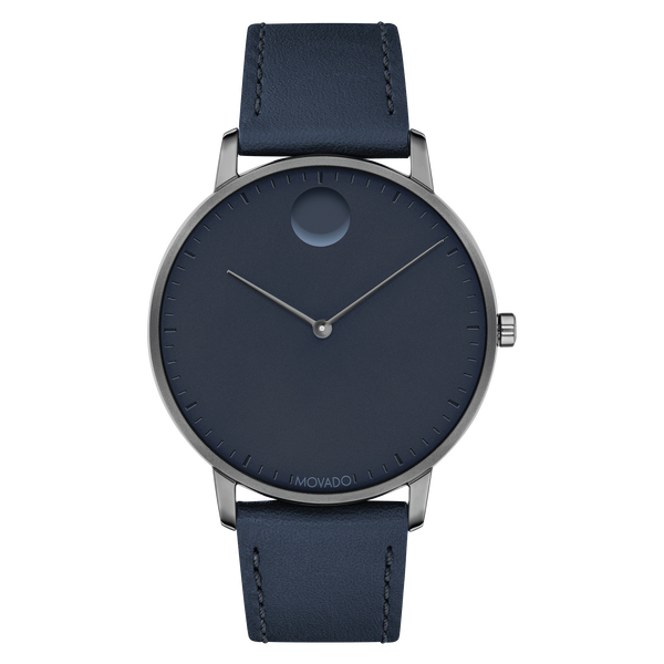 1) 41mm Grey Ion-Plated Stainless Steel Case With A Navy Dial On A Navy Leather Strap