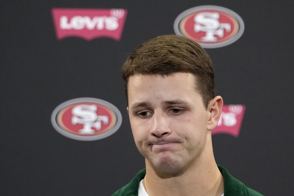 San Francisco 49ers quarterback Brock Purdy speaks at a news conference after an NFL football game against the Baltimore Ravens in Santa Clara, Calif., Monday, Dec. 25, 2023. (AP Photo/Godofredo A. Vásquez)