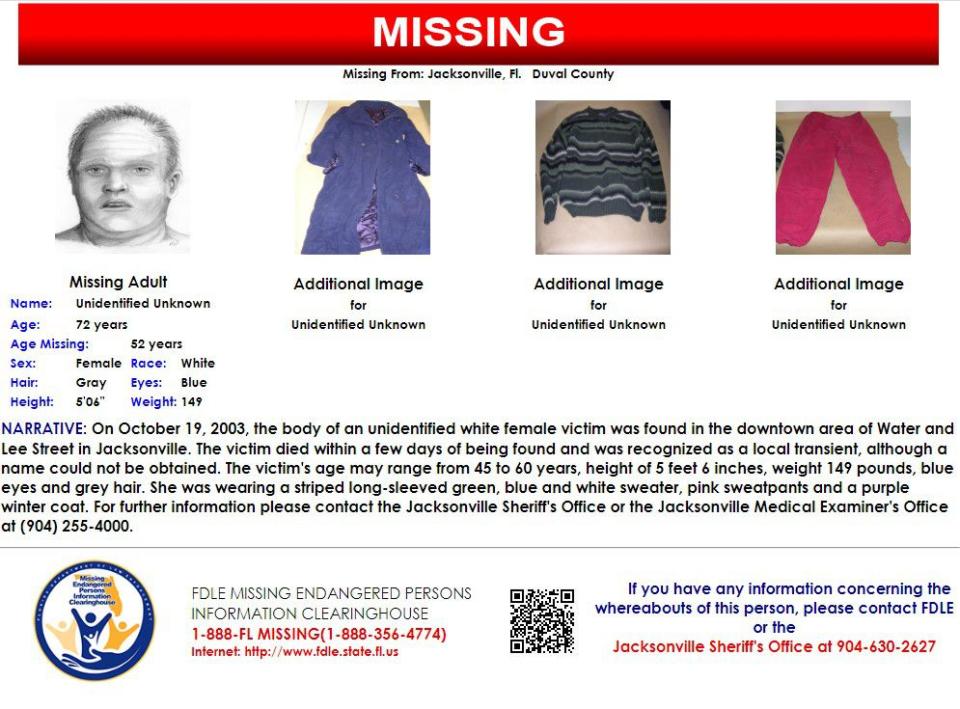The body of an unidentified woman was found in Jacksonville on Oct. 19, 2003.