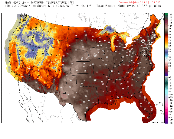 Forecast high temperatures on June 12, 2017, with record-setting highs circled.