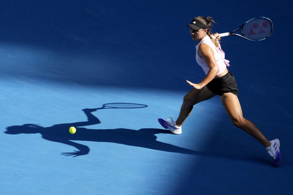 Jessica Pegula of the U.S. plays a forehand return to Barbora Krejcikova of the Czech Republic during their fourth round match at the Australian Open tennis championship in Melbourne, Australia, Sunday, Jan. 22, 2023. (AP Photo/Ng Han Guan)