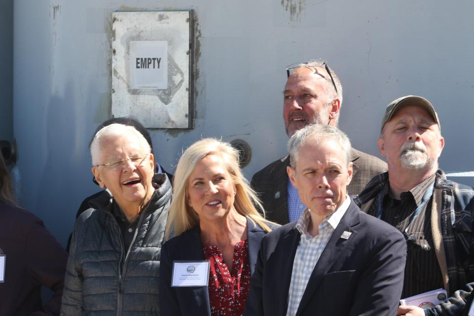 (left to right) Former-New Mexico Rep. John Heaton, Carlsbad City Councilor Karla Hamel Niemeier and Department of Energy Senior Adviser William "Ike" White are pictured during an event celebrating the 25th anniversary of the Waste Isolation Pilot Plant's first shipment of nuclear waste for disposal March 26. 2024 at the WIPP site in southeast New Mexico.