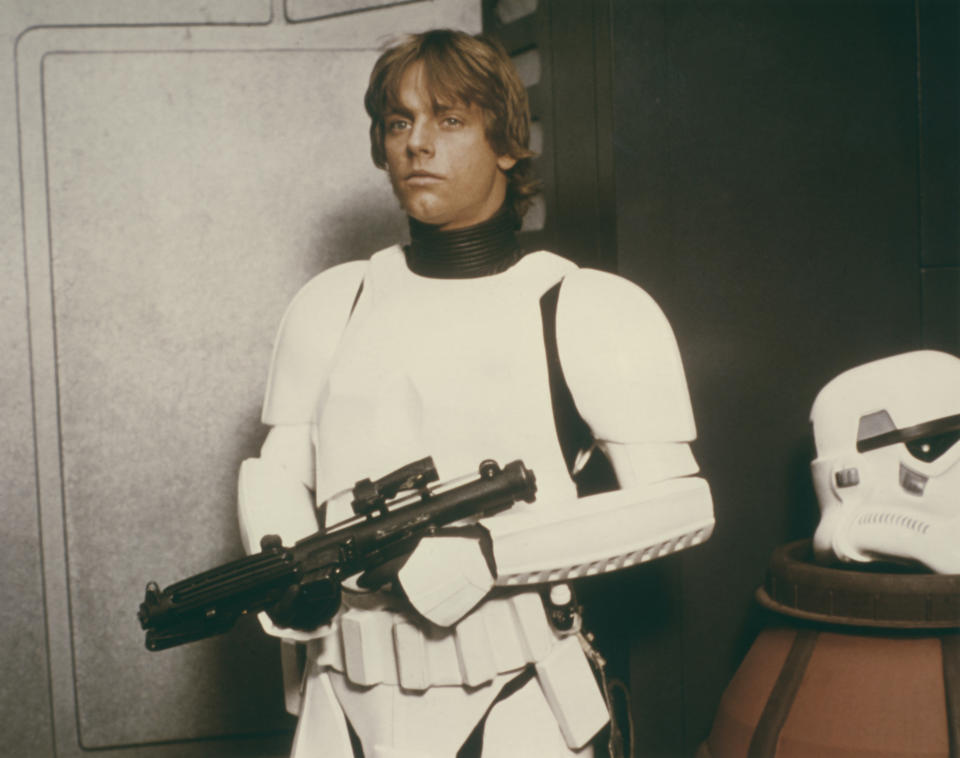 Mark Hamill as Luke Skywalker disguised as a storm trooper in scene from 'Star Wars Episode 4 A New Hope' 1977. (Photo by Screen Archives/Getty Images)