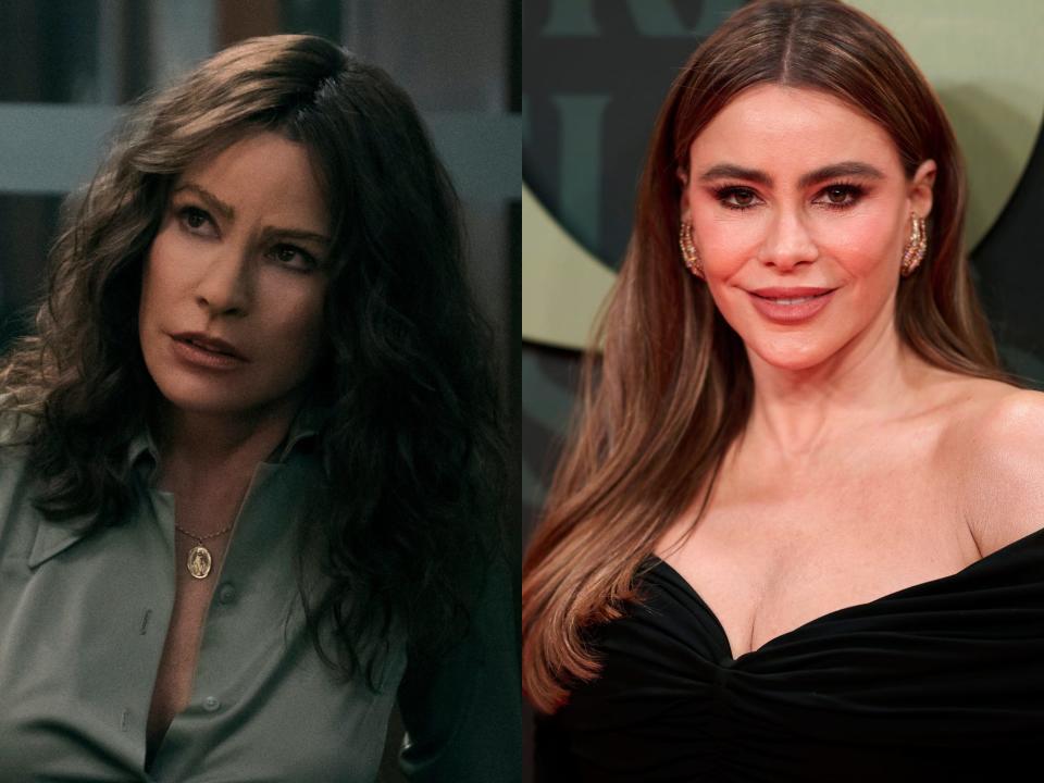 left: sofia vergara as greiselda, with wavy hair and a half unbuttoned blouser; right: sofia vergara smiling with her hair worn straight and a strapless dress