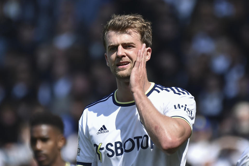 Leeds United's Patrick Bamford reacts during the English Premier League soccer match between Leeds United and Newcastle United at Elland Road in Leeds, England, Saturday, May 13, 2023. (AP Photo/Rui Vieira)