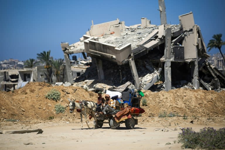 Palestinians on a donkey cart in Khan Yunis in the southern Gaza Strip on July 3, 2024 (Eyad BABA)