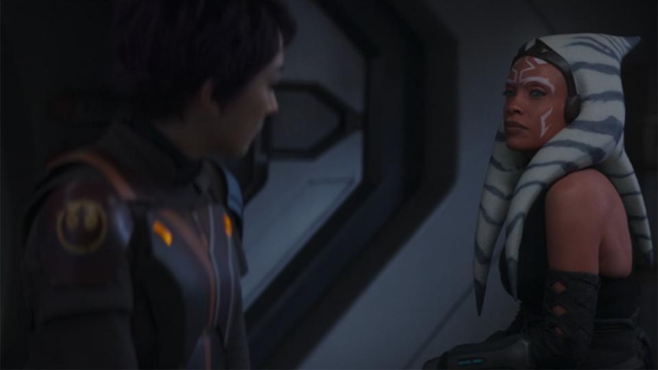 Still from the Star Wars T.V. series Ahsoka, season 1, episode 4. Sabine and Ahsoka prepare for action.