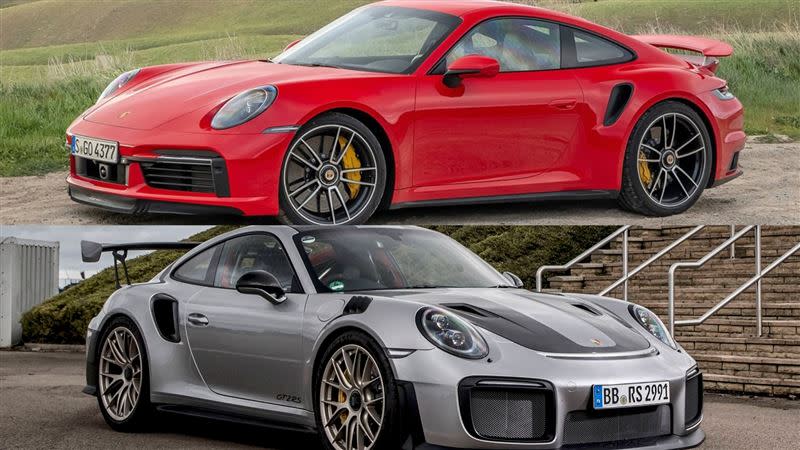 保時捷911 Turbo S(上)對決911 GT2 RS(下)。（圖／翻攝自Porsche官網）