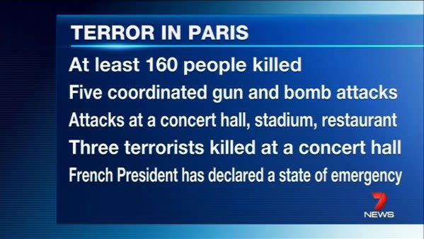 The latest details from the terrorist attacks. Source: 7 News.