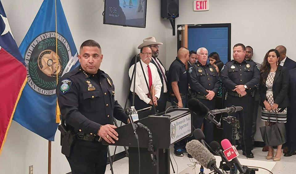 Brownsville Police Department Chief Felix Sauceda announces manslaughter charges against George Alvarez, a local resident who allegedly plowed his SUV into a crowd killing eight men, during a news conference in Brownsville, Texas, on 8 May 2023 (AFP via Getty Images)