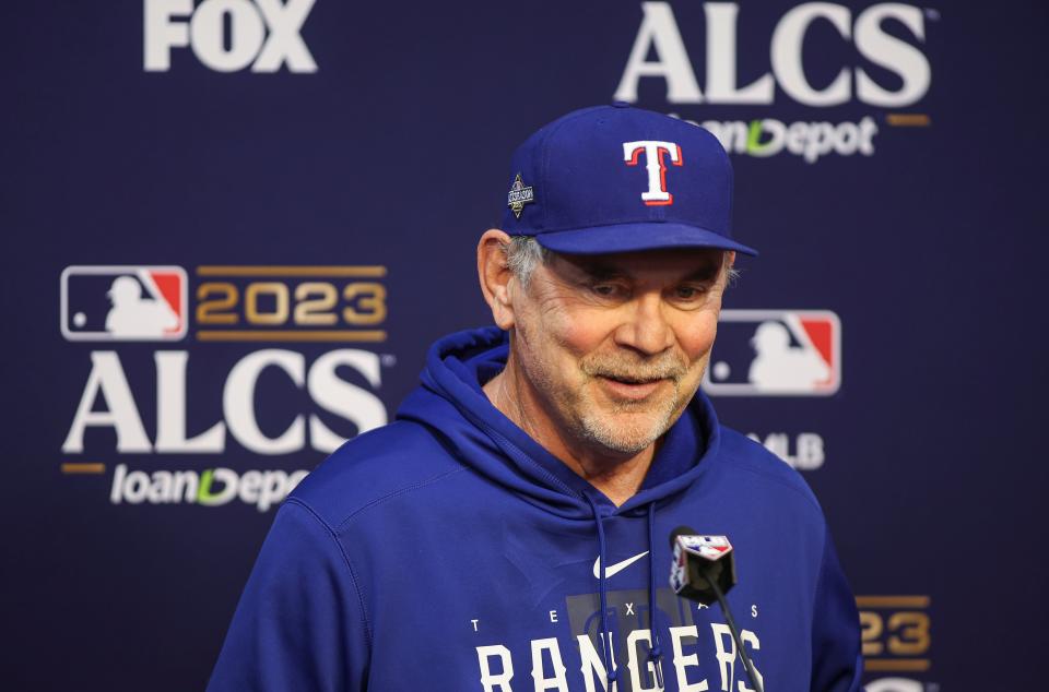 Texas Rangers manager Bruce Bochy talks with the media before ALCS workouts Oct. 14, 2023, at Minute Maid Park in Houston, Texas.