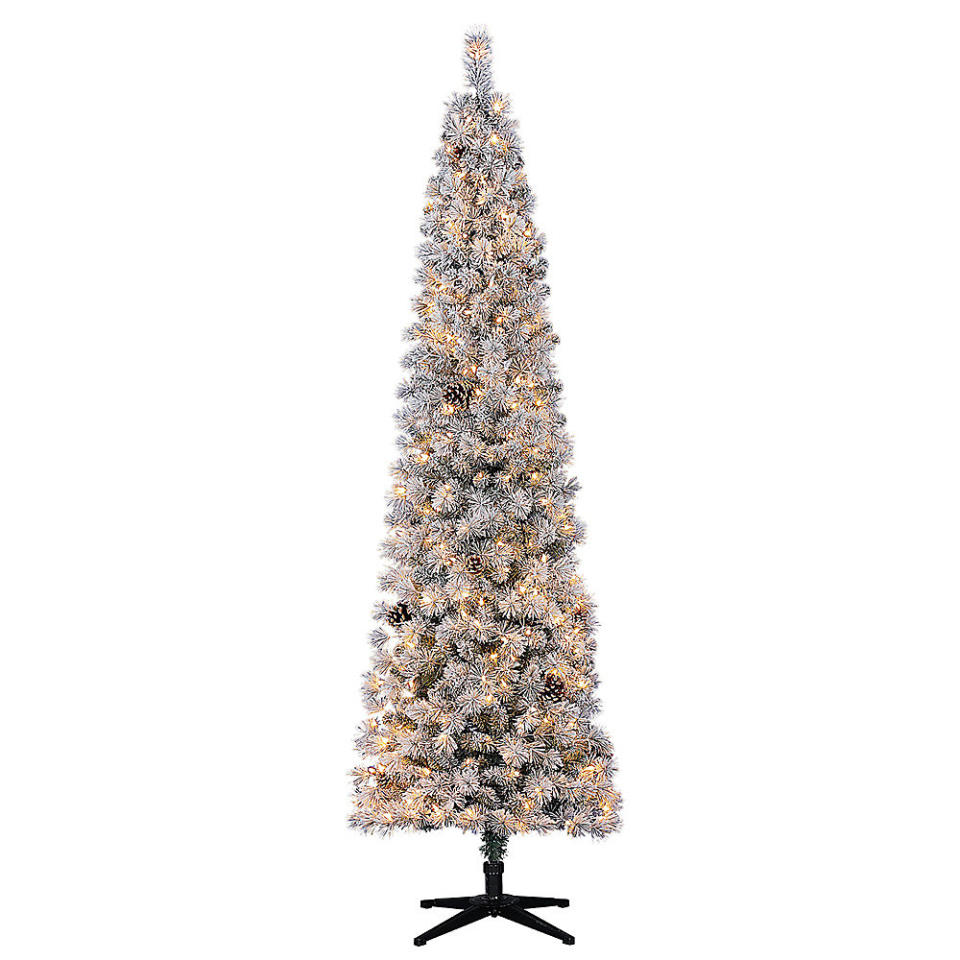 Home Accents Holiday 7.5 ft. Pre-Lit LED Flocked Lexington Pencil Artificial Christmas Tree with 250 Warm White Lights 