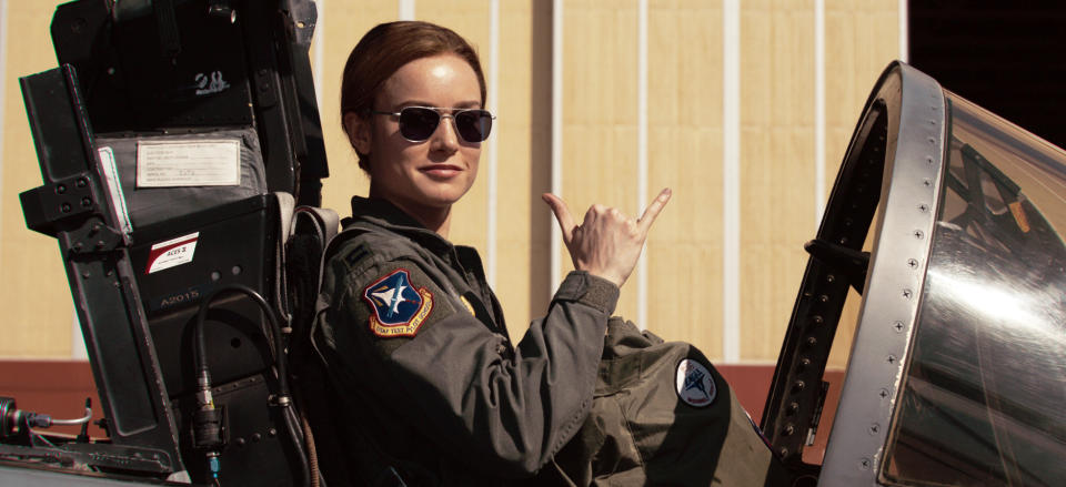 This image released by Disney-Marvel Studios shows Brie Larson in a scene from "Captain Marvel." (Disney-Marvel Studios via AP)