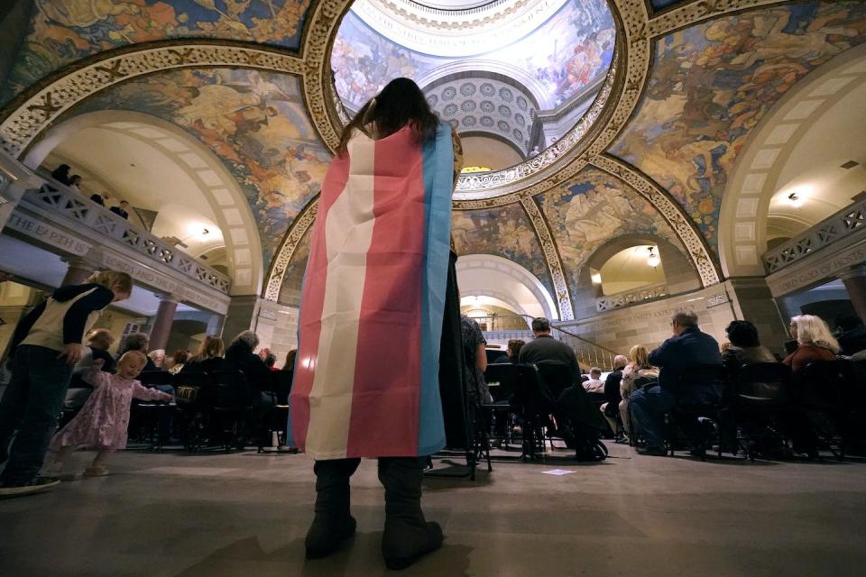 A rash of legislation restricting access to gender-affirming care claims to protect the health of children, despite lack of support from major U.S. medical associations. <a href="https://newsroom.ap.org/detail/TransgenderHealthMissouri/442b19097c7f44a0a0864c4046aa5acb" rel="nofollow noopener" target="_blank" data-ylk="slk:Charlie Riedel/AP Photo;elm:context_link;itc:0;sec:content-canvas" class="link ">Charlie Riedel/AP Photo</a>