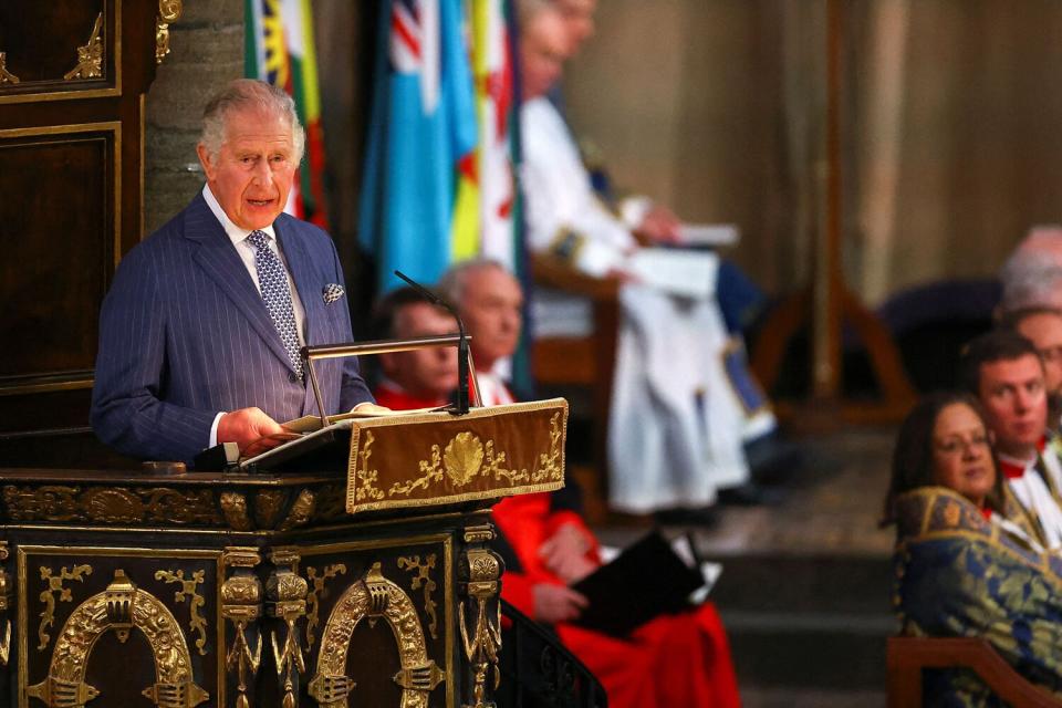 Britain's King Charles III delivers his Commonwealth Day message during the Commonwealth Day service ceremony, at Westminster Abbey