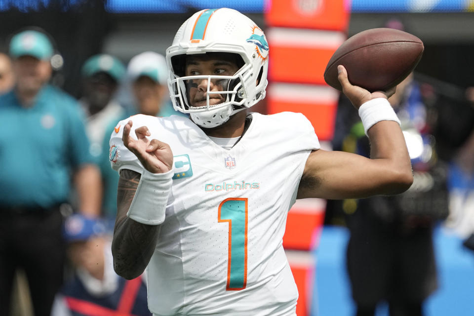 Miami Dolphins quarterback Tua Tagovailoa throws against the Los Angeles Charger during the first half of an NFL football game Sunday, Sept. 10, 2023, in Inglewood, Calif. (AP Photo/Mark J. Terrill)