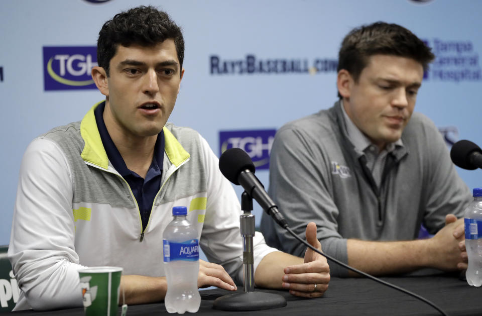 Tampa Bay Rays Senior vice-presidents of baseball operations, Chaim Bloom, left, and Erik Neander, speak to the media during a season ending baseball news conference Monday, Oct. 2, 2017, in St. Petersburg, Fla. The Rays finished their season on Sunday, ending with an 80-82 record. (AP Photo/Chris O'Meara)