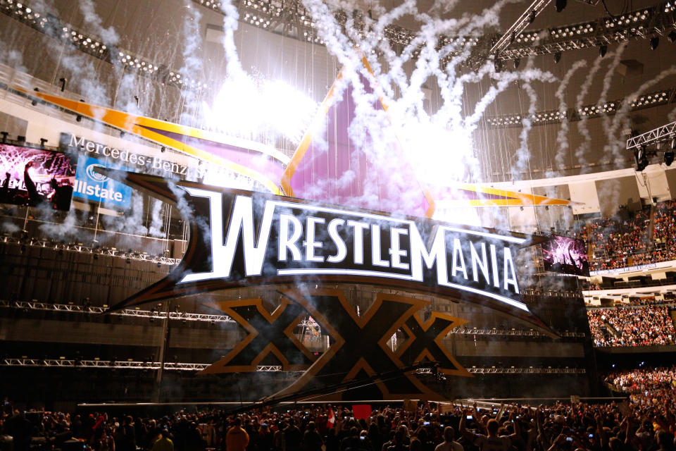 Fireworks are seen on the main stage as Wrestlemania XXX begins at the Mercedes-Benz Super Dome in New Orleans on Sunday, April 6, 2014. (Jonathan Bachman/AP Images for WWE)