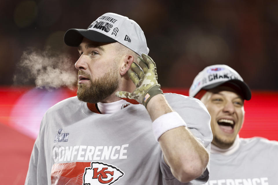 Travis Kelce doesn't want to hear the Patrick Mahomes slander from Ja'Marr Chase. (Photo by Michael Owens/Getty Images)