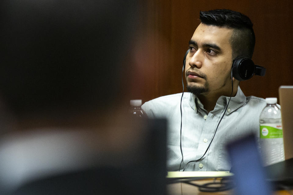 Cristhian Bahena Rivera listens to court proceedings in his trial, on Monday, May 24, 2021, in the Scott County Courthouse, in Davenport, Iowa. Bahena Rivera is on trial after being charged with first degree murder in the death of Mollie Tibbetts in July 2018. (Kelsey Kremer/The Des Moines Register via AP, Pool)