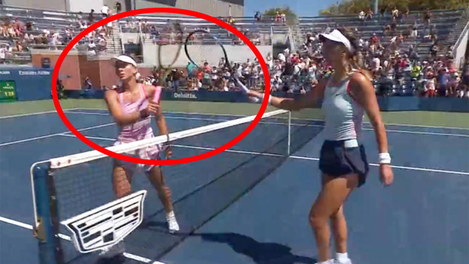 Ukraine's Marta Kostyuk refused to shake hands with Belarusian rival Victoria Azarenka after their US Open match. Pic: Eurosport