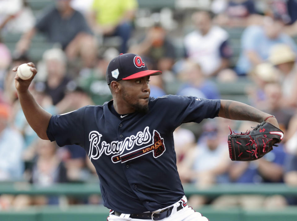 Atlanta Braves' Julio Teheran pitches against the Houston Astros in the second inning of a spring baseball exhibition game, Monday, March 4, 2019, in Kissimmee, Fla. (AP Photo/John Raoux)