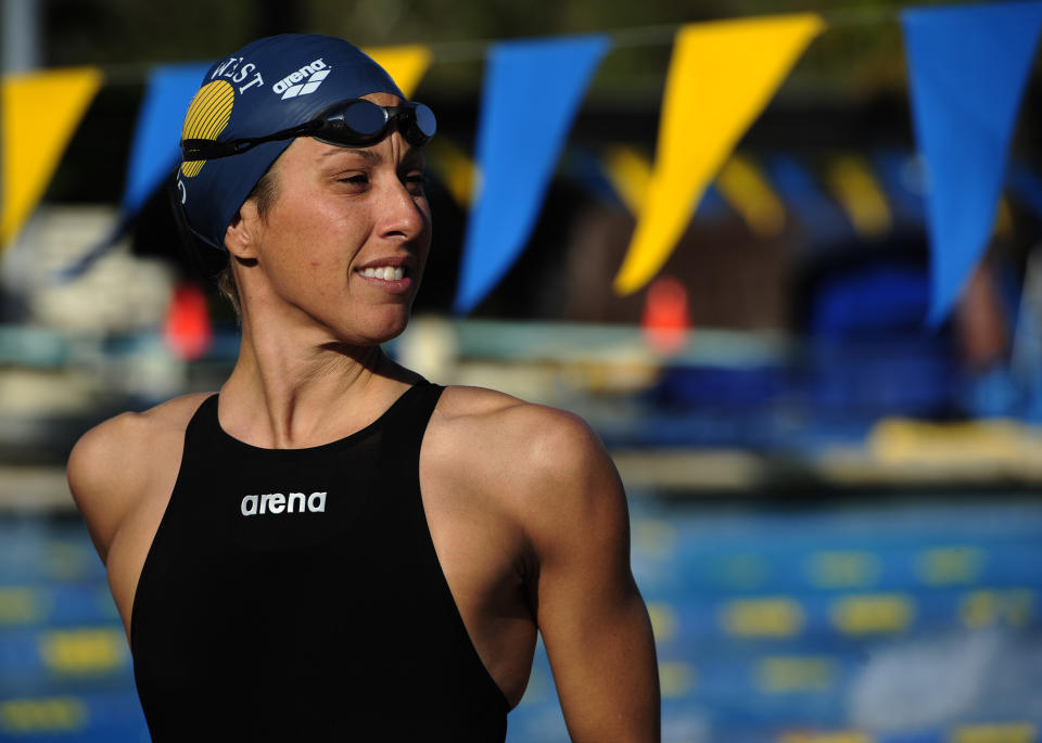 MISSION VIEJO, CA - APRIL 19: Janet Evans warming up for the 800 meter freestyle during the Fran Crippen Memorial Swim Meet Of Champions on April 19, 2012 at the Marguerite Recreation Center in Mission Viejo, California. (Photo by Robert Laberge/Getty Images)