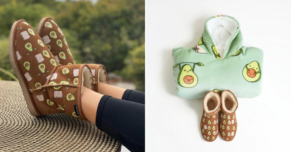 Left: A pair of feet up on a wicker table kept warm in avocado toast themed uggs. Right: An avocado themed Oodie and matching uggs on a white background