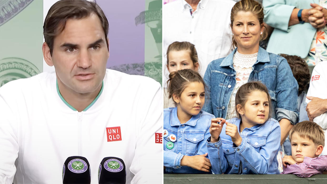 Roger Federer, pictured here his family at Wimbledon in 2019.