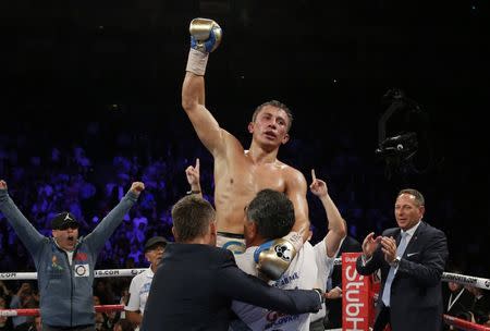 Britain Boxing - Gennady Golovkin v Kell Brook WBC, IBF & IBO World Middleweight Titles - The O2 Arena, London - 10/9/16. Gennady Golovkin celebrates his win. Action Images via Reuters / Andrew Couldridge