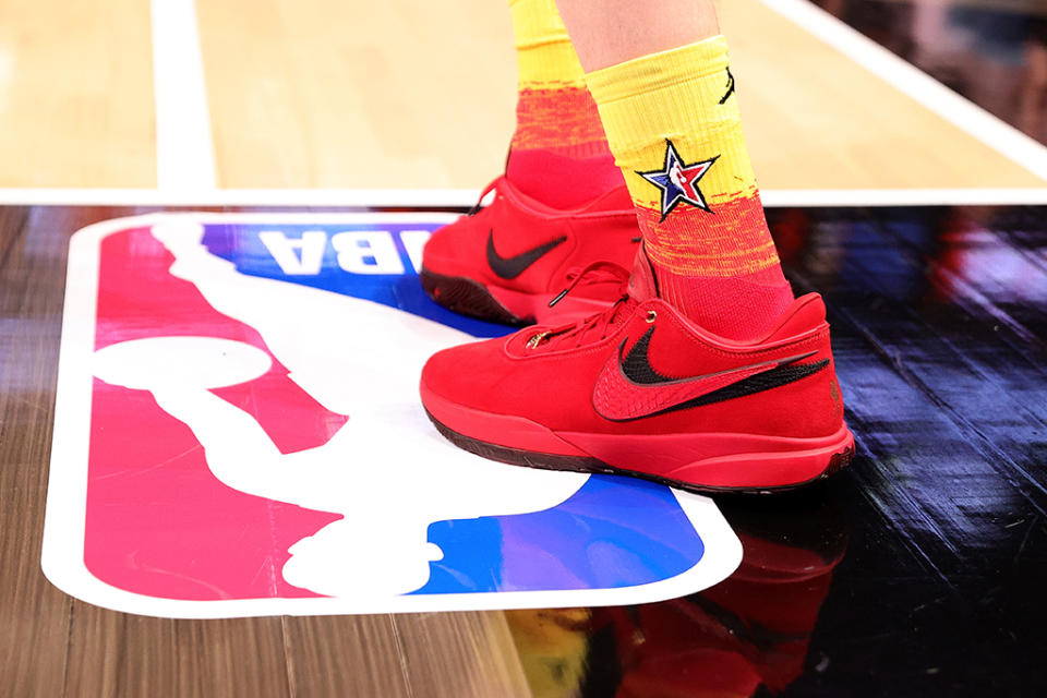 Lauri Markkanen in the Nike LeBron 20 during the 2023 NBA All-Star Game. - Credit: Tim Nwachukwu/Getty Images