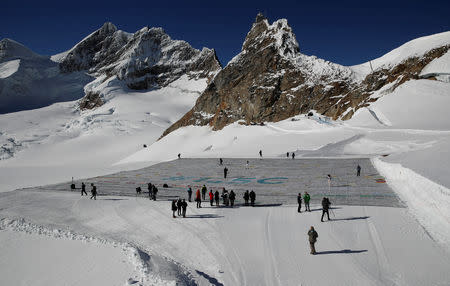 A general view shows 100,000 postcards with messages against climate change, sent by young people from all over the world and stuck together to break the Guinness World Record of the biggest postcard on the Jungfraufirn, the upper part of Europe's longest glacier, the Aletschgletscher, near Jungfraujoch, Switzerland November 16, 2018. REUTERS/Arnd Wiegmann