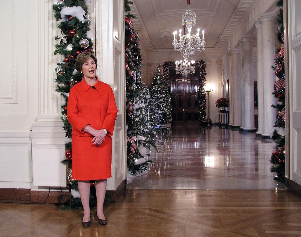 Laura Bush shows the White House Christmas decorations in 2008.